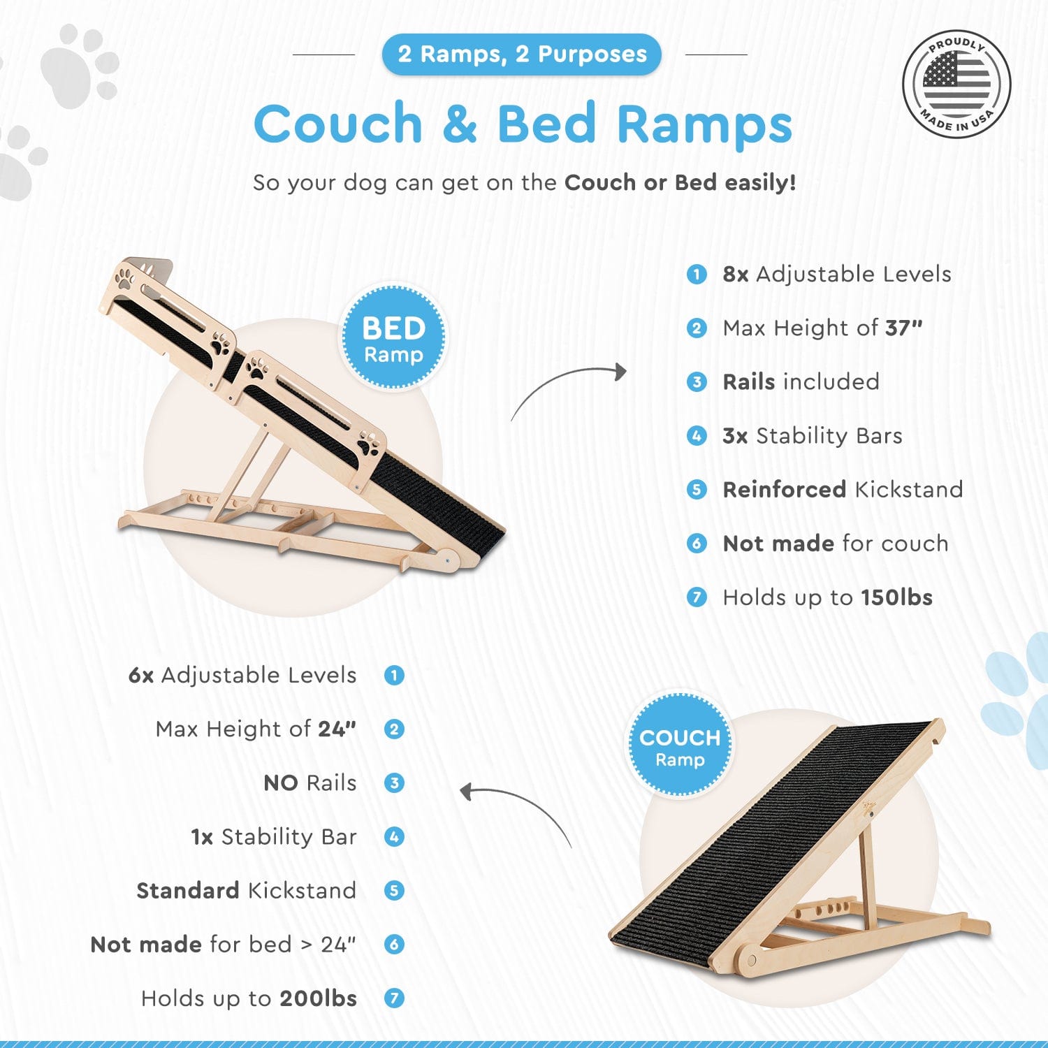 USA Made Dog Ramp For Bed - Adjustable from 14" to 37" Inches - Holds 150LBS -  For Small or Large Dogs